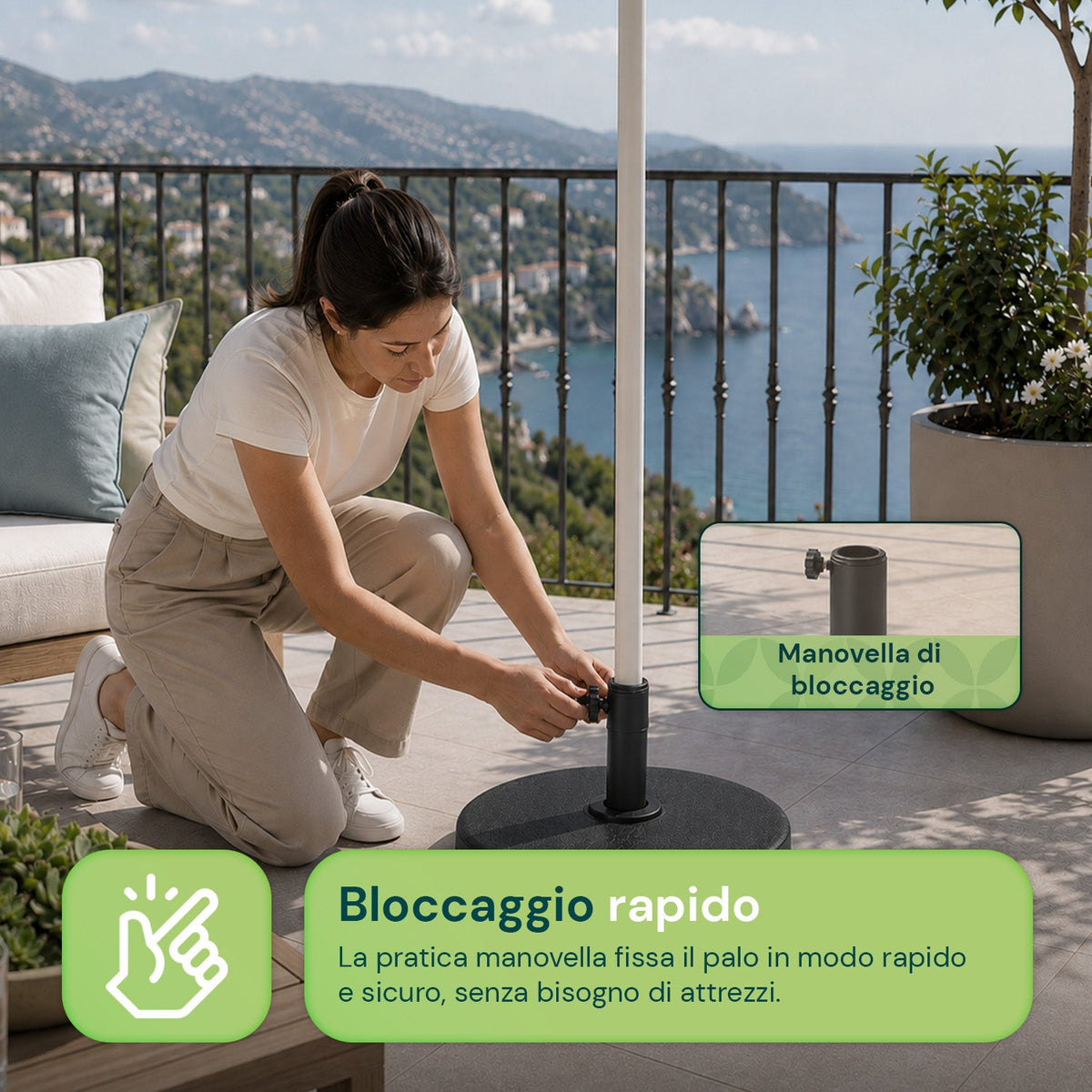 Base per Ombrellone in Cemento 12kg ø42cm Compatibile con Pali 38-48mm, Manopola di Bloccaggio Inclusa – Piedistallo Pesante per Giardino e Terrazzo