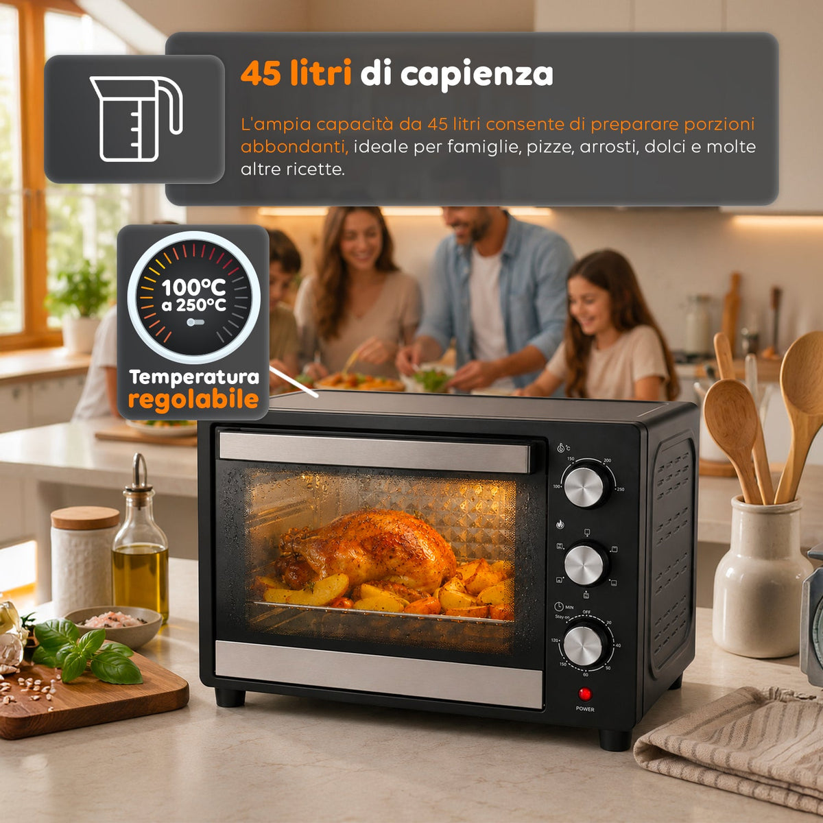 Forno Elettrico da Banco 45 Litri Ventilato con Timer e Doppio Vetro 1800W con Accessori