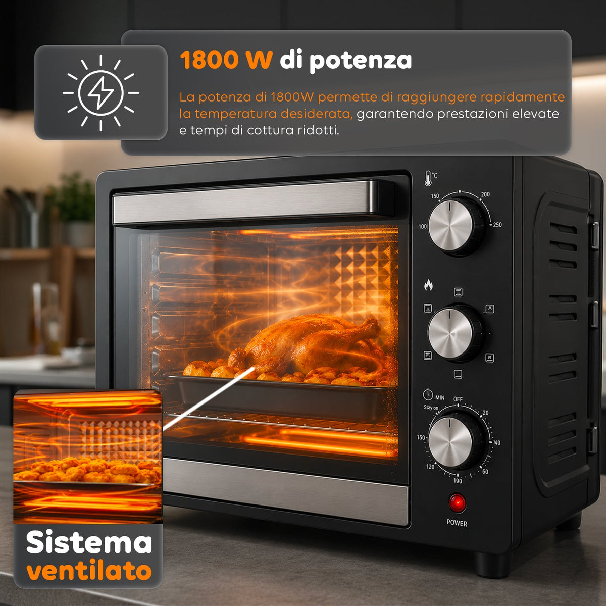 Forno Elettrico da Banco 45 Litri Ventilato con Timer e Doppio Vetro 1800W con Accessori