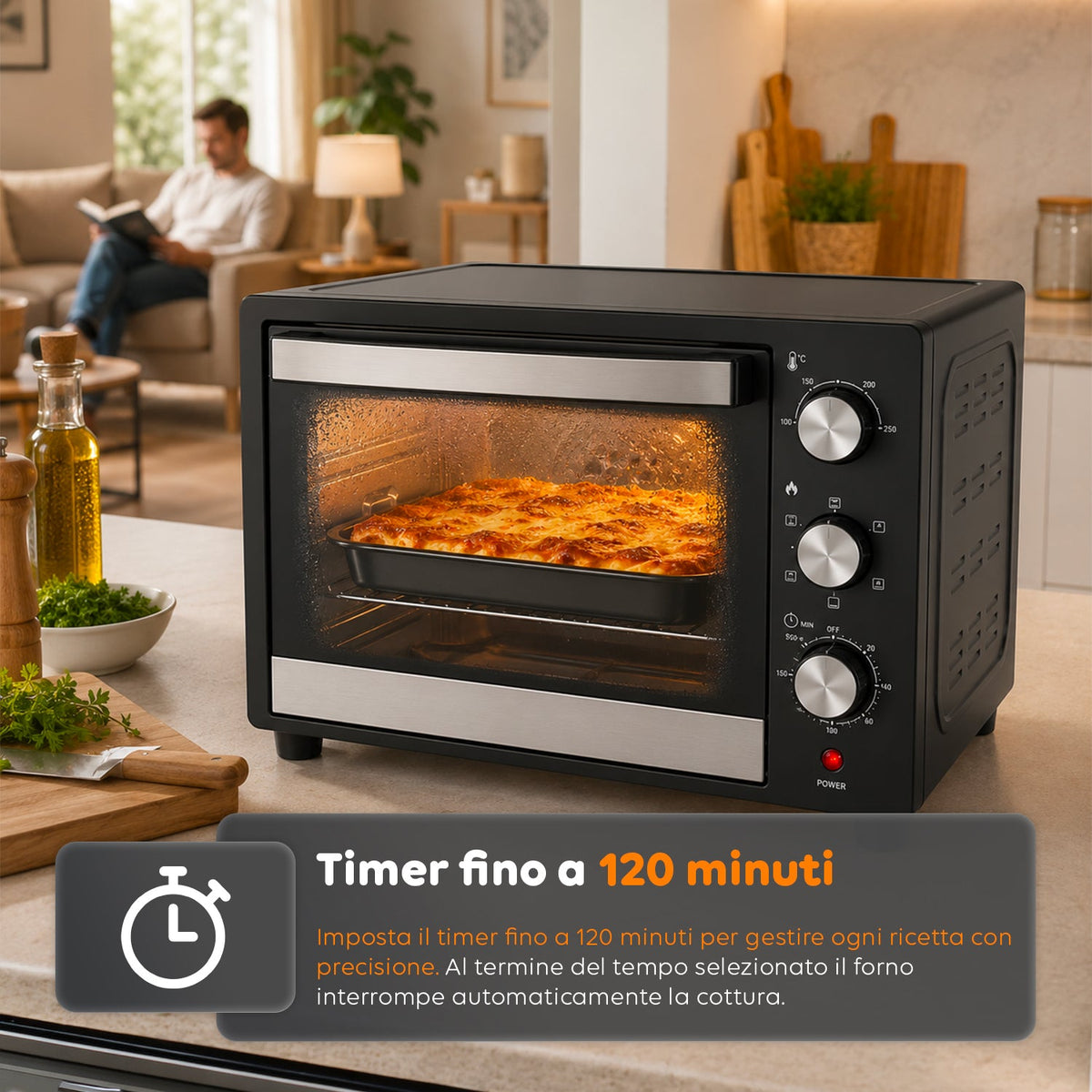 Forno Elettrico da Banco 45 Litri Ventilato con Timer e Doppio Vetro 1800W con Accessori