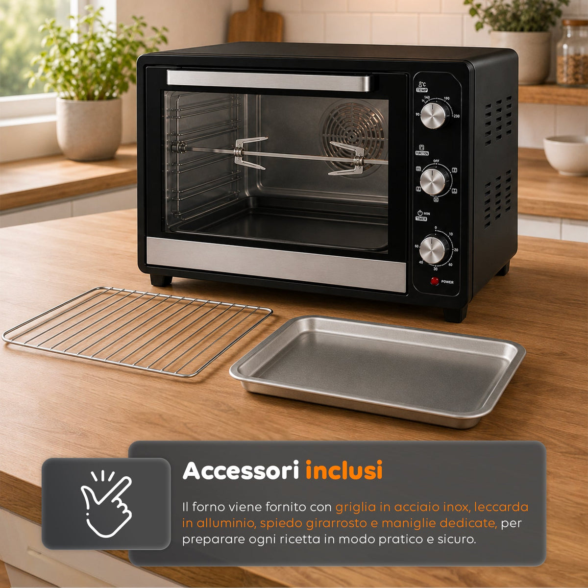 Forno Elettrico Ventilato 66 Litri 2200 Watt con Girarrosto e Accessori 5 Modalità di Cottura