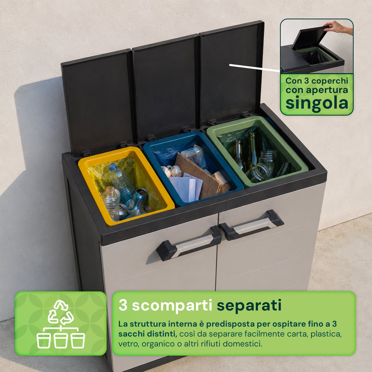 Armadio per raccolta differenziata in plastica con 3 scomparti e doppia anta