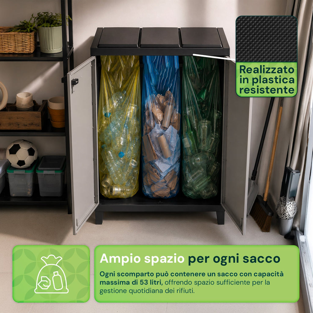 Armadio per raccolta differenziata in plastica con 3 scomparti e doppia anta