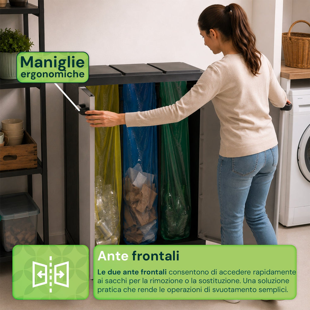 Armadio per raccolta differenziata in plastica con 3 scomparti e doppia anta