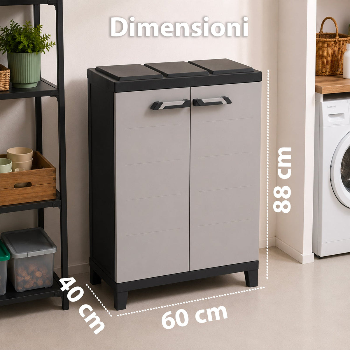 Armadio per raccolta differenziata in plastica con 3 scomparti e doppia anta