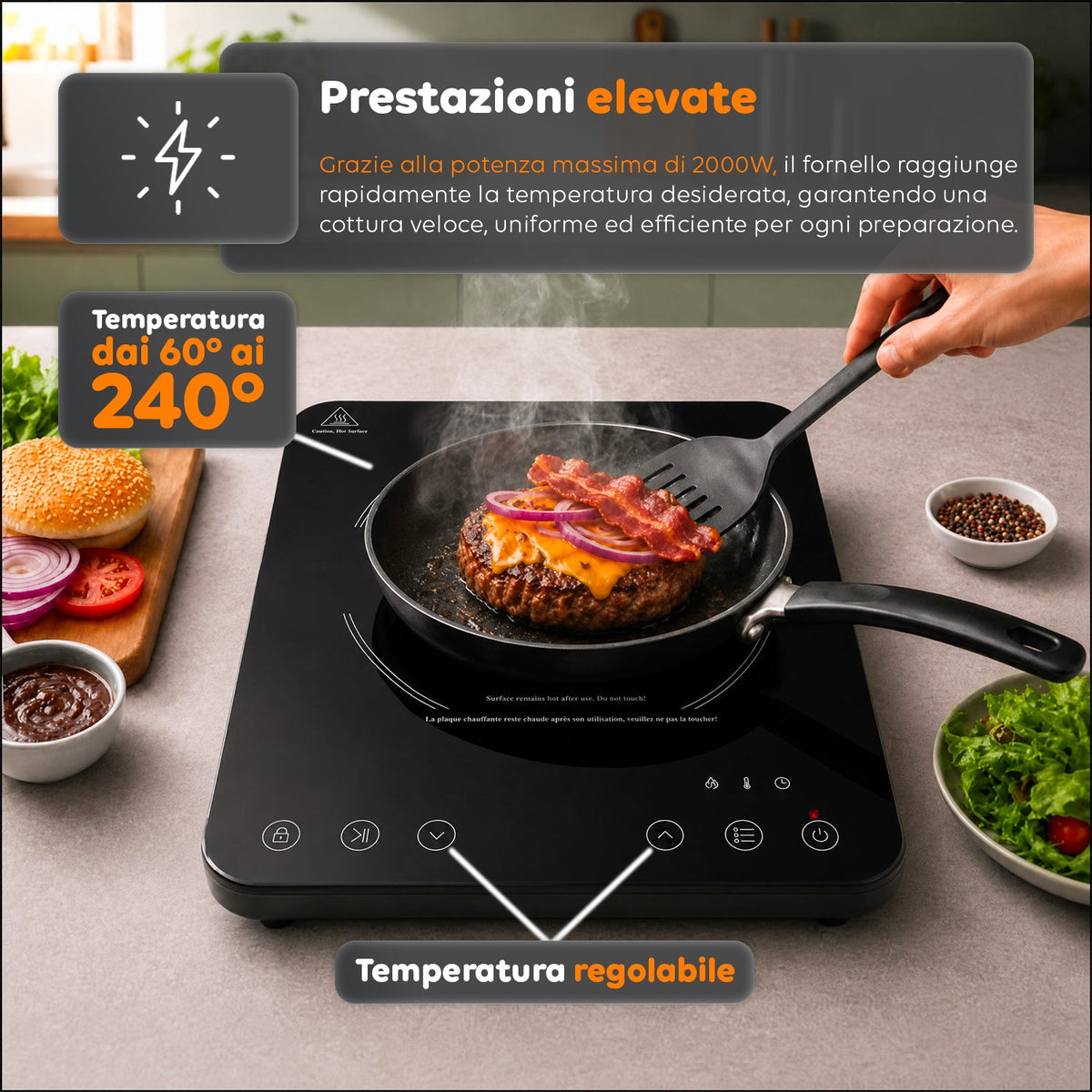 Fornello a induzione elettrico a una zona di cottura da 2000W con controllo touch