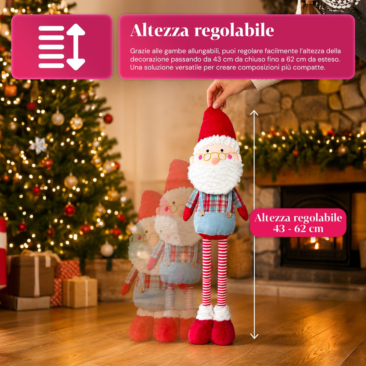 Babbo Natale Estensibile 62cm in Tessuto con Gambe Allungabili – Decorazione Natalizia