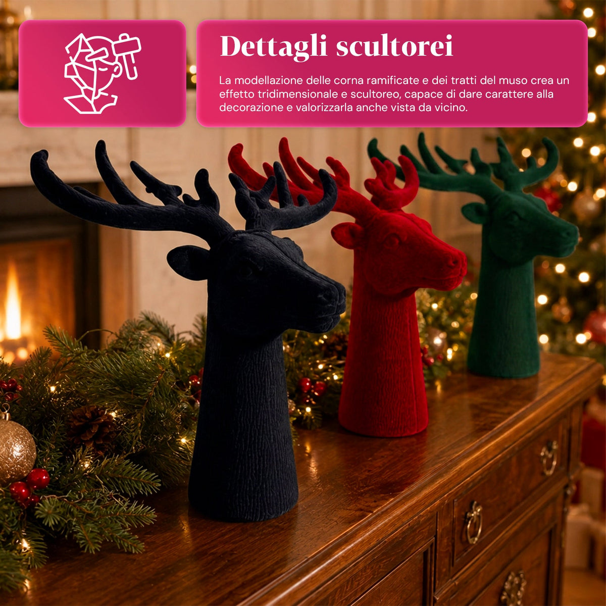 Testa di Cervo Decorativa Effetto Velluto 32x20x28h cm | Complemento d'Arredo Design Moderno in 6 Colori per Casa, Ufficio e Negozio