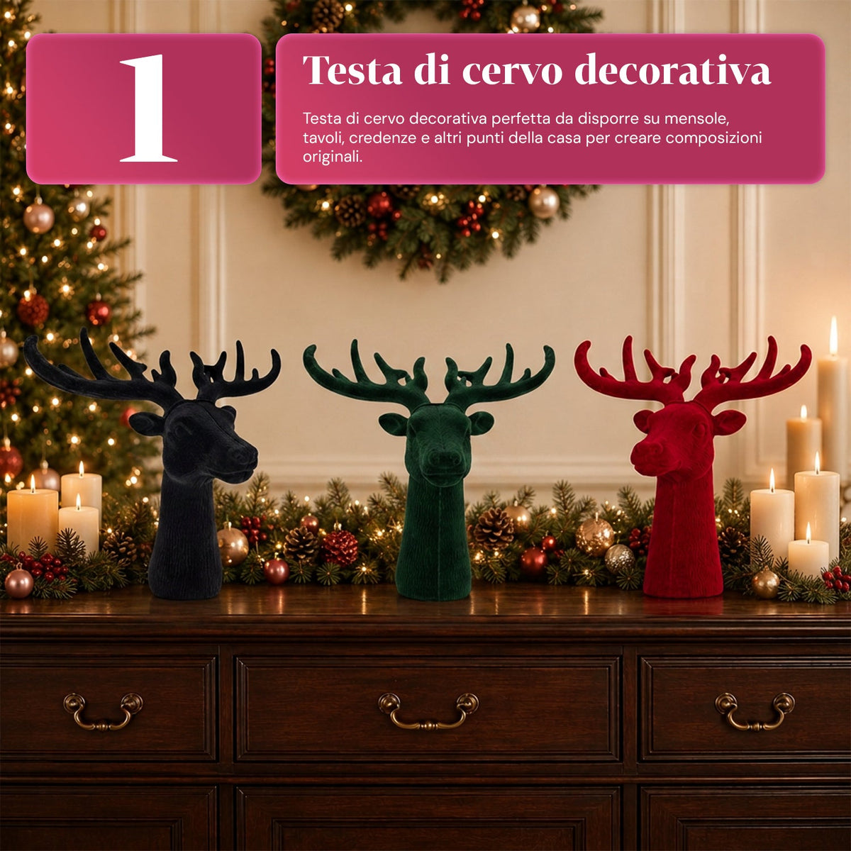Testa di Cervo Decorativa Effetto Velluto 32x20x28h cm | Complemento d'Arredo Design Moderno in 6 Colori per Casa, Ufficio e Negozio