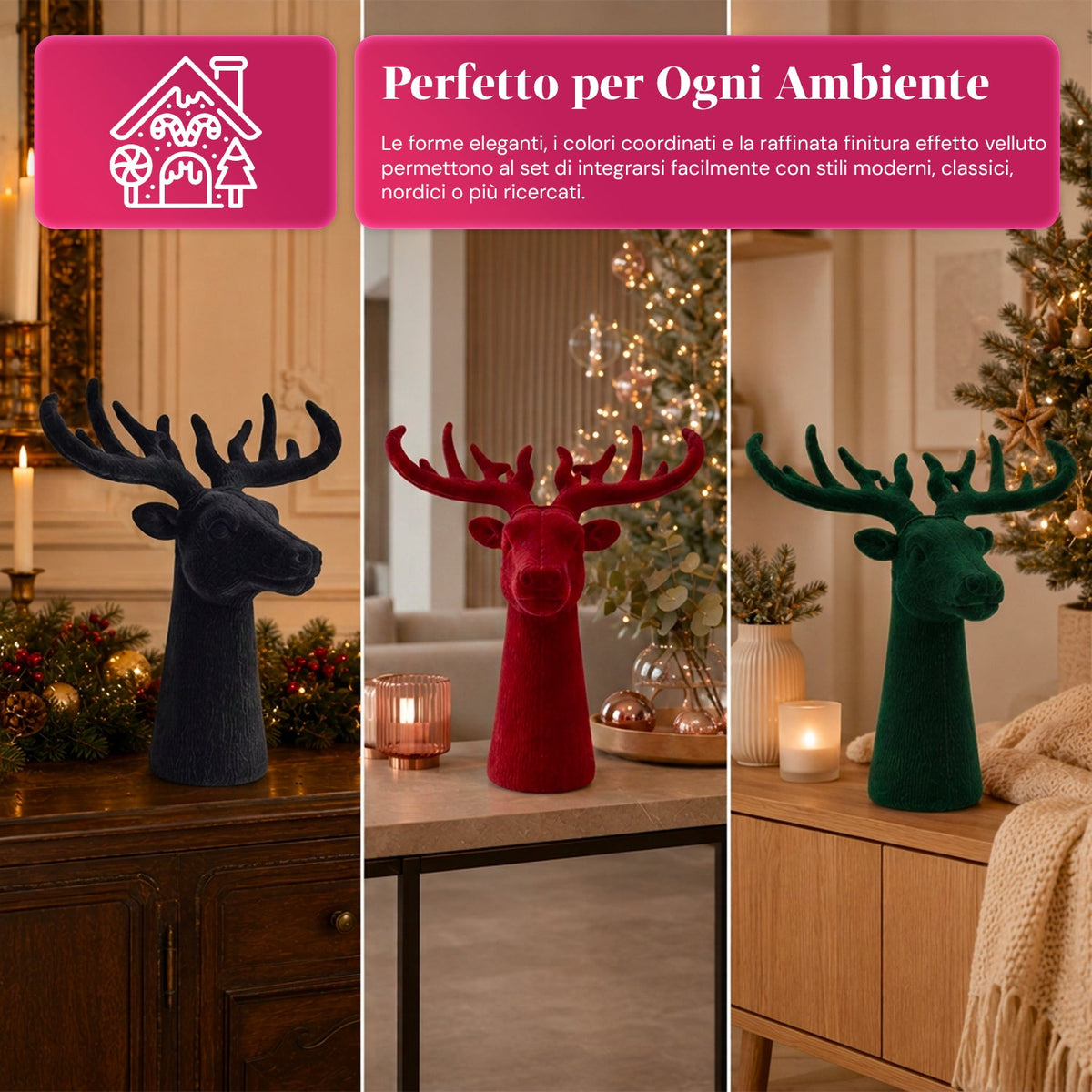 Testa di Cervo Decorativa Effetto Velluto 32x20x28h cm | Complemento d'Arredo Design Moderno in 6 Colori per Casa, Ufficio e Negozio