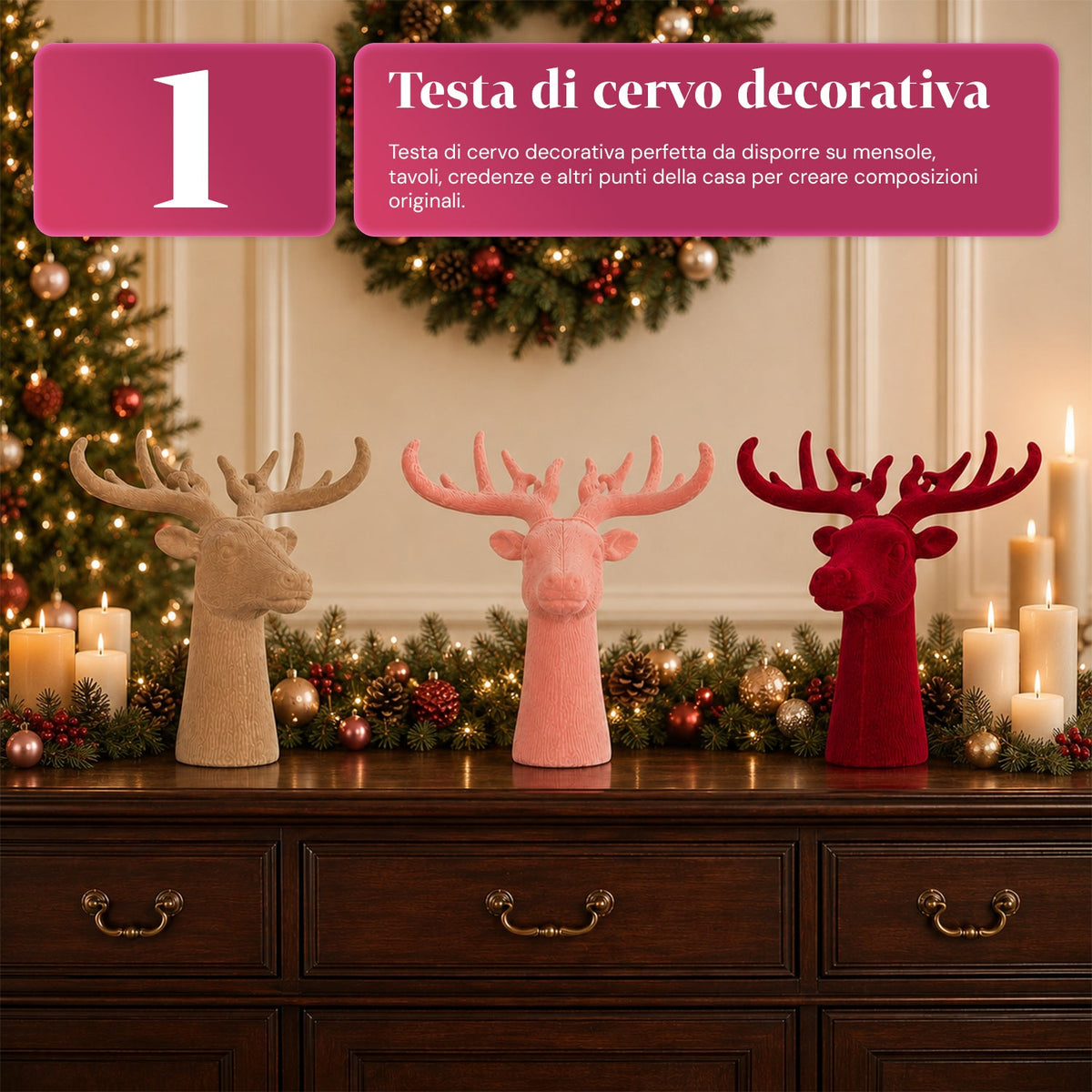 Testa di Cervo Decorativa Effetto Velluto 32x20x28h cm | Complemento d'Arredo Design Moderno in 6 Colori per Casa, Ufficio e Negozio