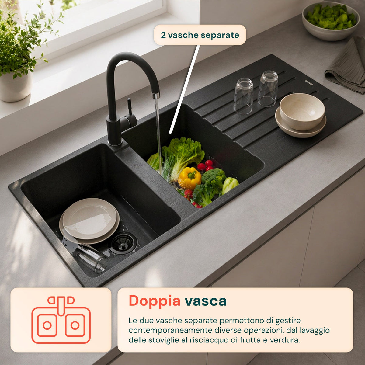 Lavello cucina a due vasche con o senza gocciolatoio, bianco o nero, rubinetto incluso
