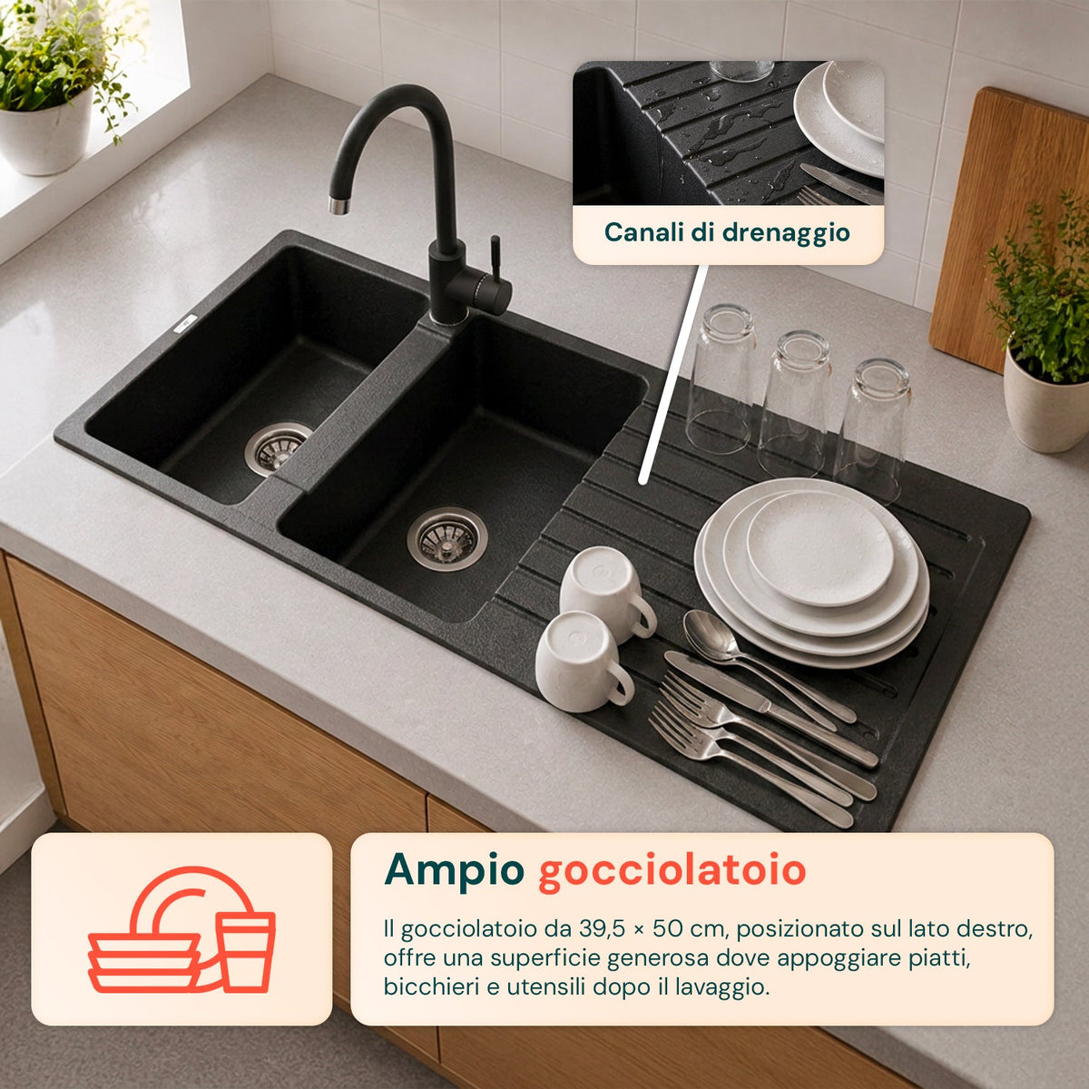 Lavello cucina a due vasche con o senza gocciolatoio, bianco o nero, rubinetto incluso
