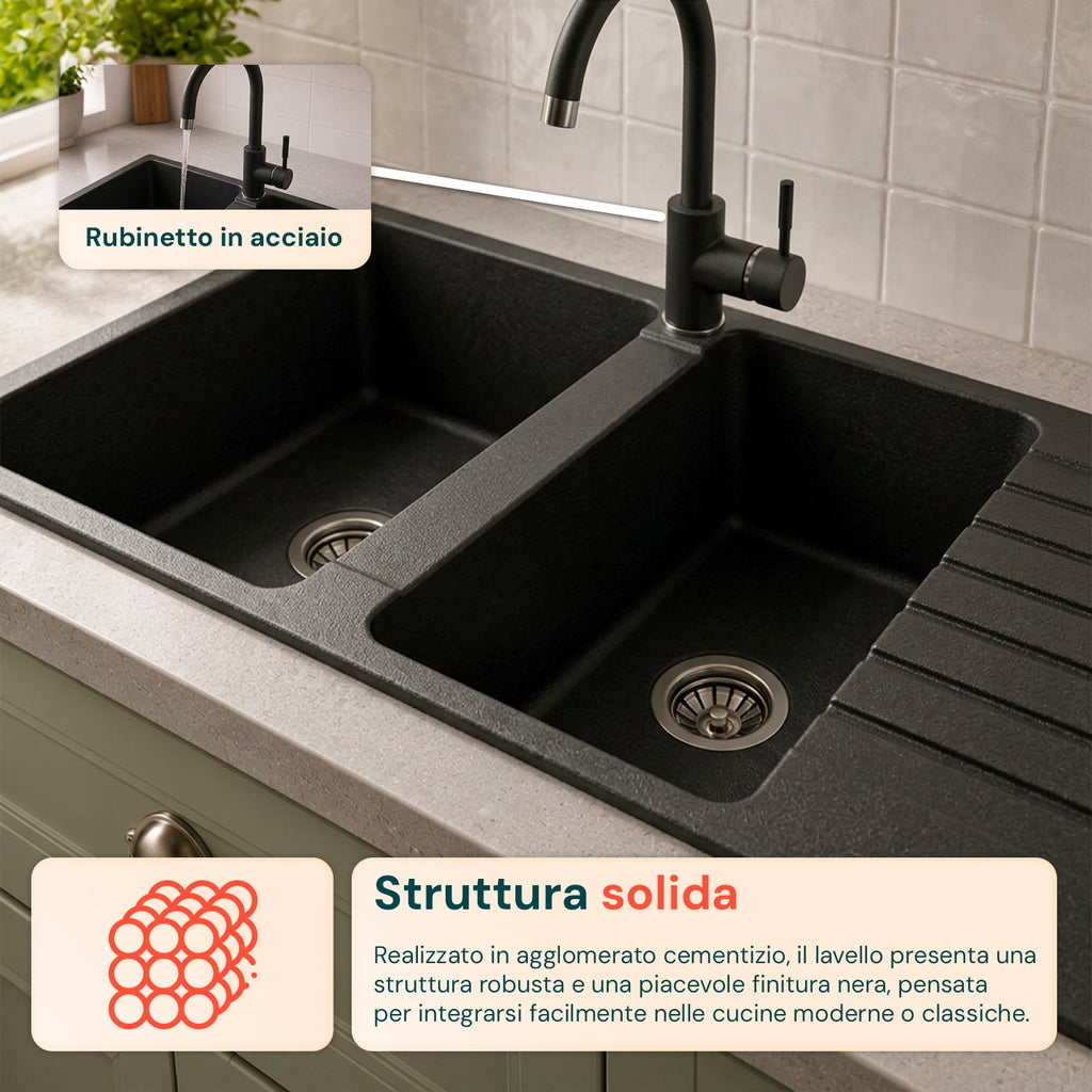 Lavello cucina a due vasche con o senza gocciolatoio, bianco o nero, rubinetto incluso