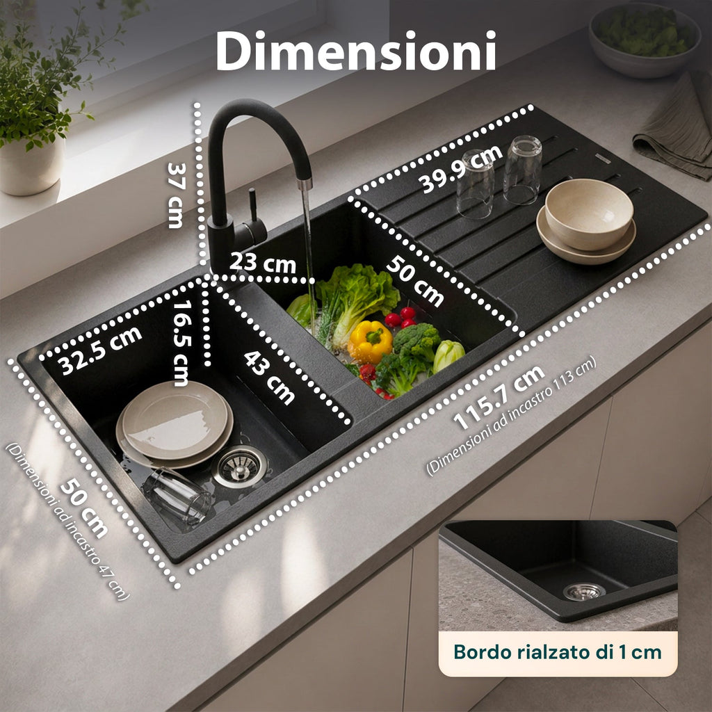 Lavello cucina a due vasche con o senza gocciolatoio, bianco o nero, rubinetto incluso