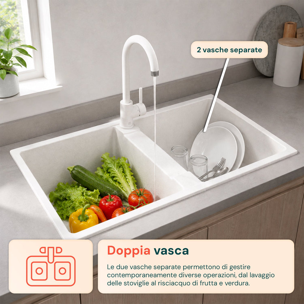 Lavello cucina a due vasche con o senza gocciolatoio, bianco o nero, rubinetto incluso