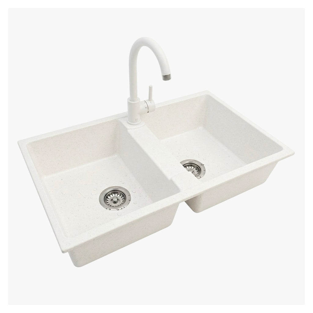 Lavello cucina a due vasche con o senza gocciolatoio, bianco o nero, rubinetto incluso