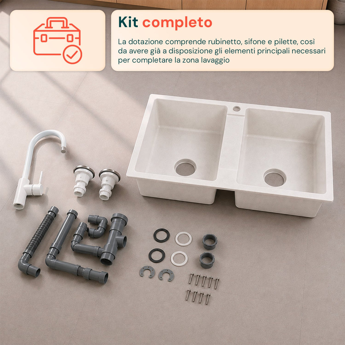 Lavello cucina a due vasche con o senza gocciolatoio, bianco o nero, rubinetto incluso