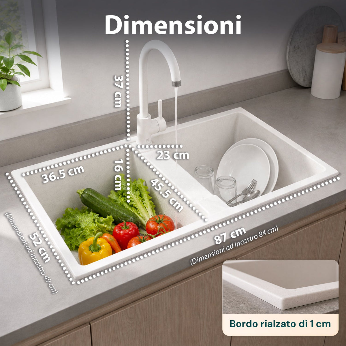 Lavello cucina a due vasche con o senza gocciolatoio, bianco o nero, rubinetto incluso