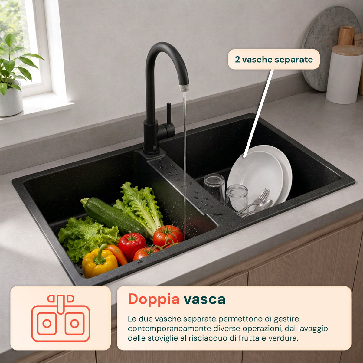 Lavello cucina a due vasche con o senza gocciolatoio, bianco o nero, rubinetto incluso