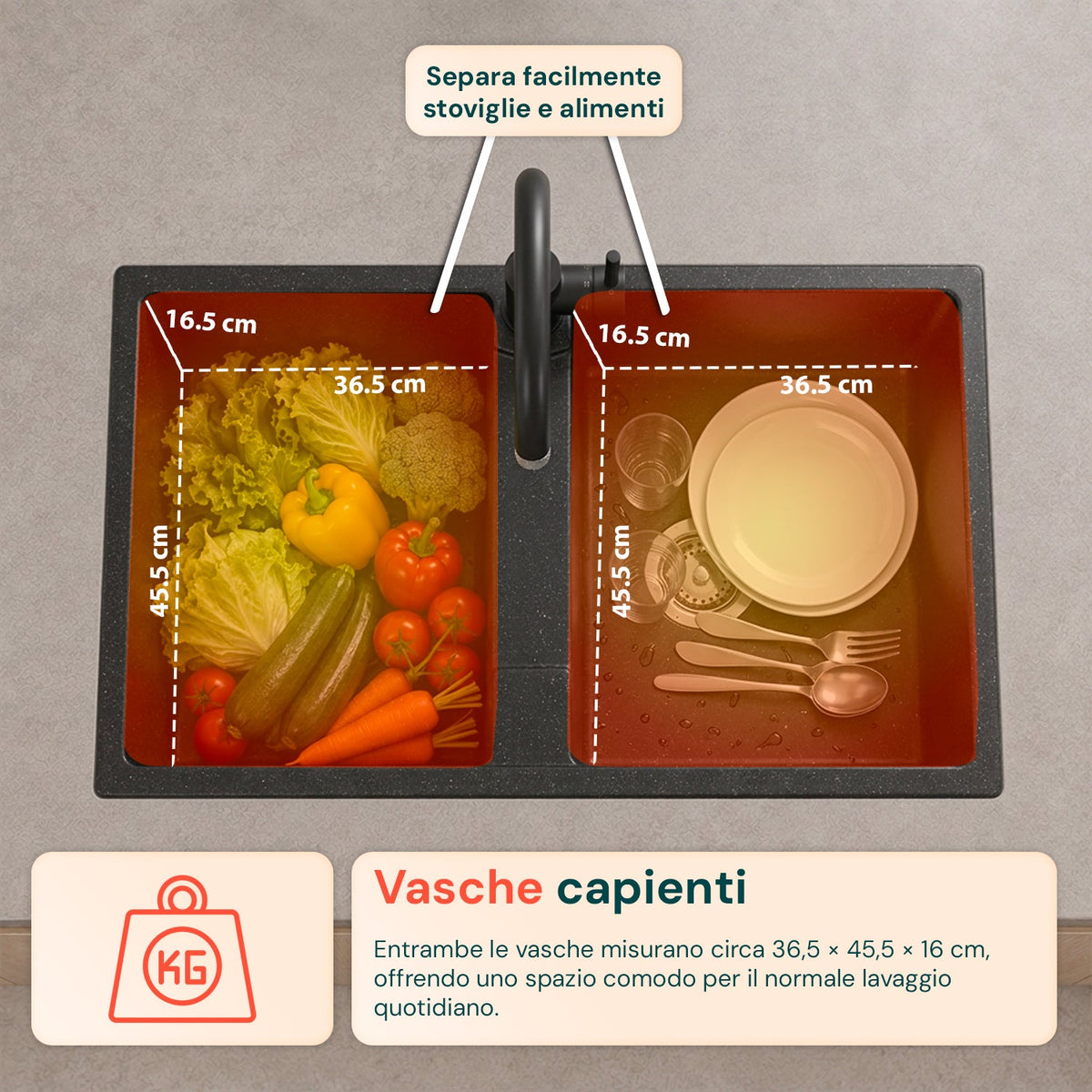 Lavello cucina a due vasche con o senza gocciolatoio, bianco o nero, rubinetto incluso