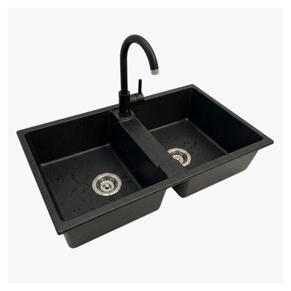 Lavello cucina a due vasche con o senza gocciolatoio, bianco o nero, rubinetto incluso