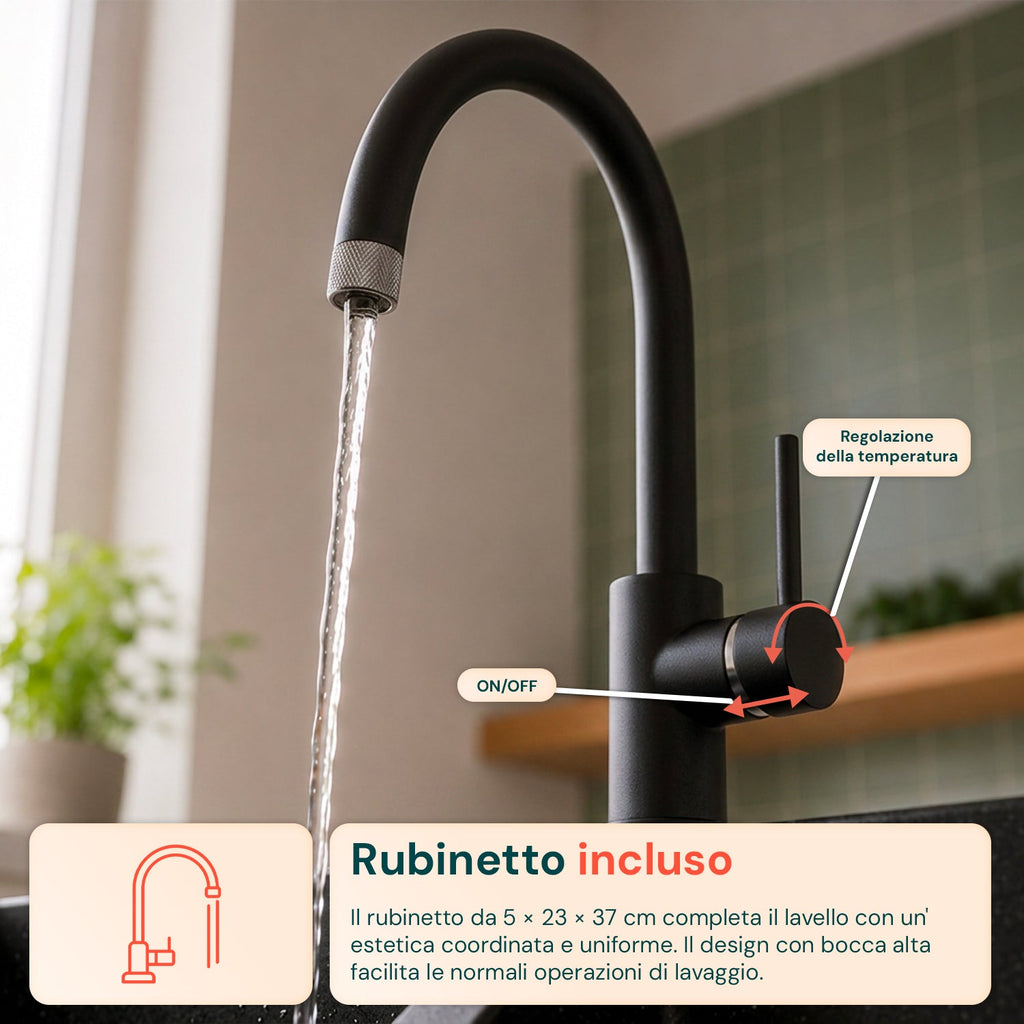 Lavello cucina a due vasche con o senza gocciolatoio, bianco o nero, rubinetto incluso