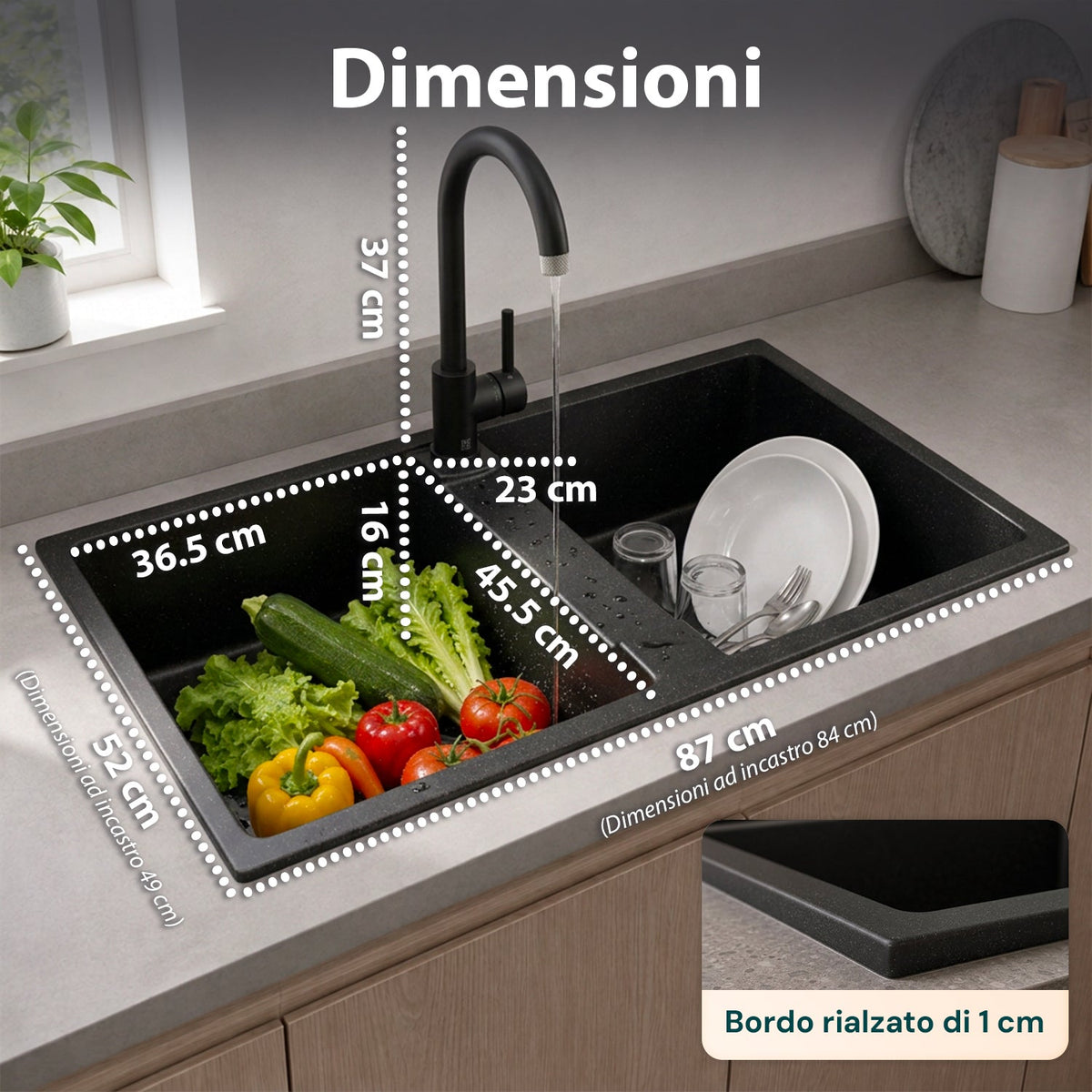 Lavello cucina a due vasche con o senza gocciolatoio, bianco o nero, rubinetto incluso