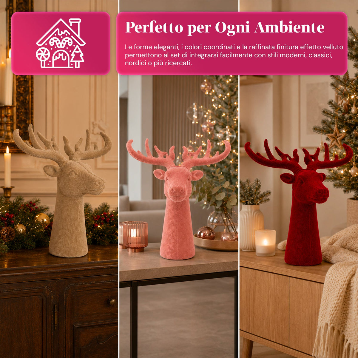 Testa di Cervo Decorativa Effetto Velluto 32x20x28h cm | Complemento d'Arredo Design Moderno in 6 Colori per Casa, Ufficio e Negozio
