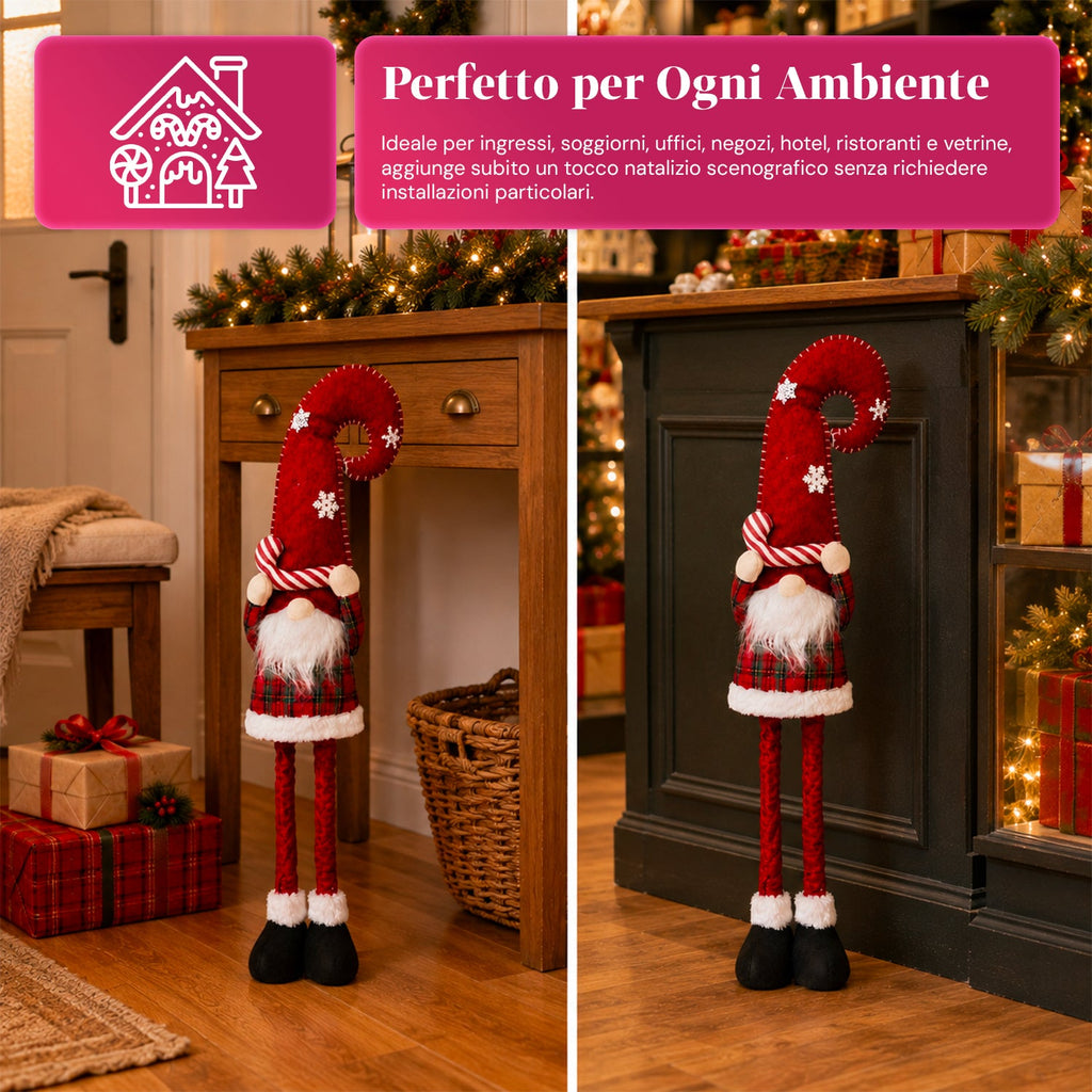 Gnomo natalizio estensibile 60-80 cm, soprammobile in tessuto tartan
