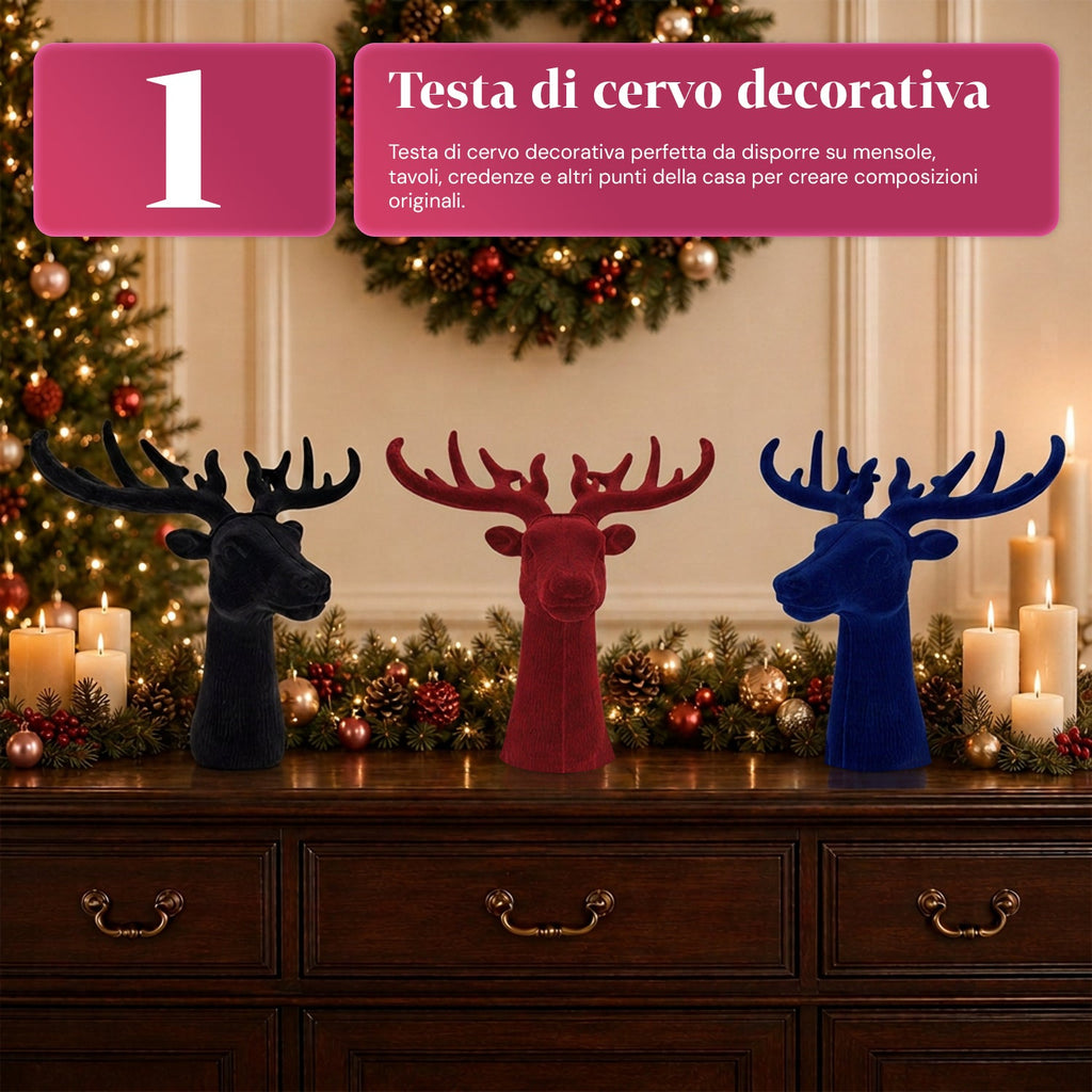 Testa di Cervo Decorativa Effetto Velluto 32x20x28h cm | Complemento d'Arredo Design Moderno in 6 Colori per Casa, Ufficio e Negozio