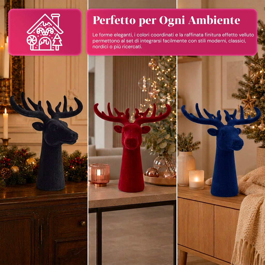 Testa di Cervo Decorativa Effetto Velluto 32x20x28h cm | Complemento d'Arredo Design Moderno in 6 Colori per Casa, Ufficio e Negozio