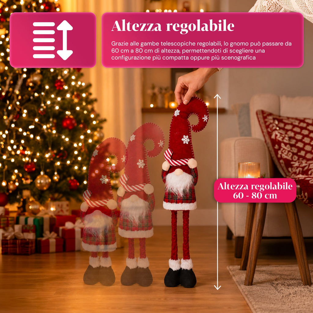 Gnomo natalizio estensibile 60-80 cm, soprammobile in tessuto tartan