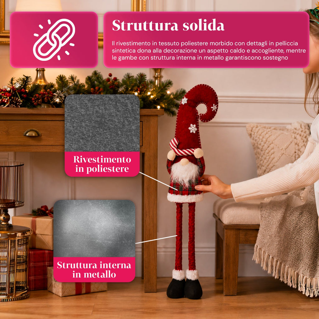 Gnomo natalizio estensibile 60-80 cm, soprammobile in tessuto tartan