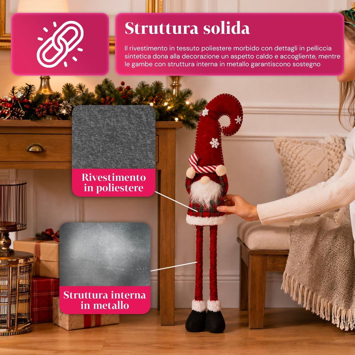 Gnomo natalizio estensibile 60-80 cm, soprammobile in tessuto tartan