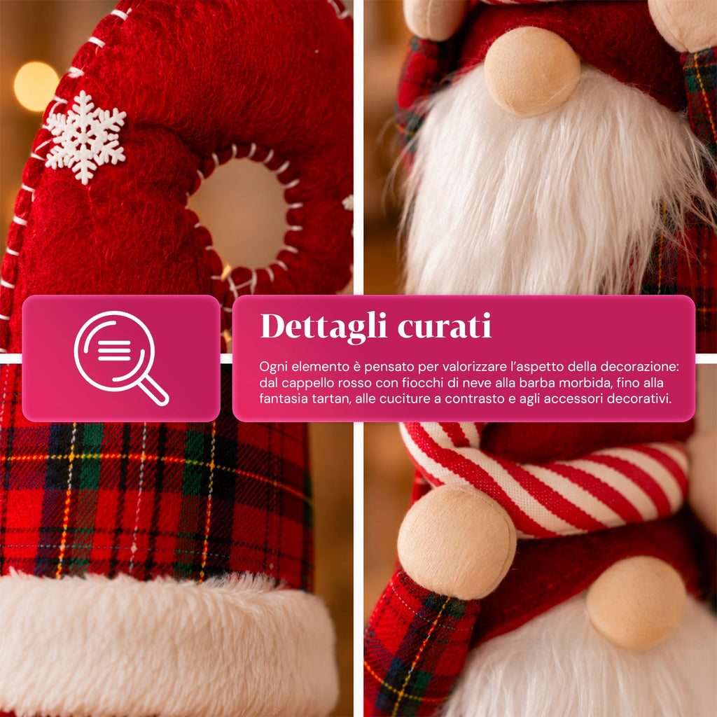 Gnomo natalizio estensibile 60-80 cm, soprammobile in tessuto tartan