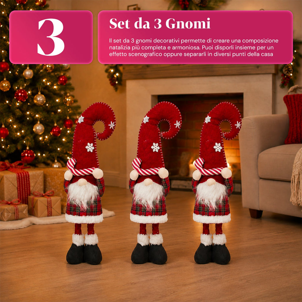 Gnomo natalizio estensibile 60-80 cm, soprammobile in tessuto tartan