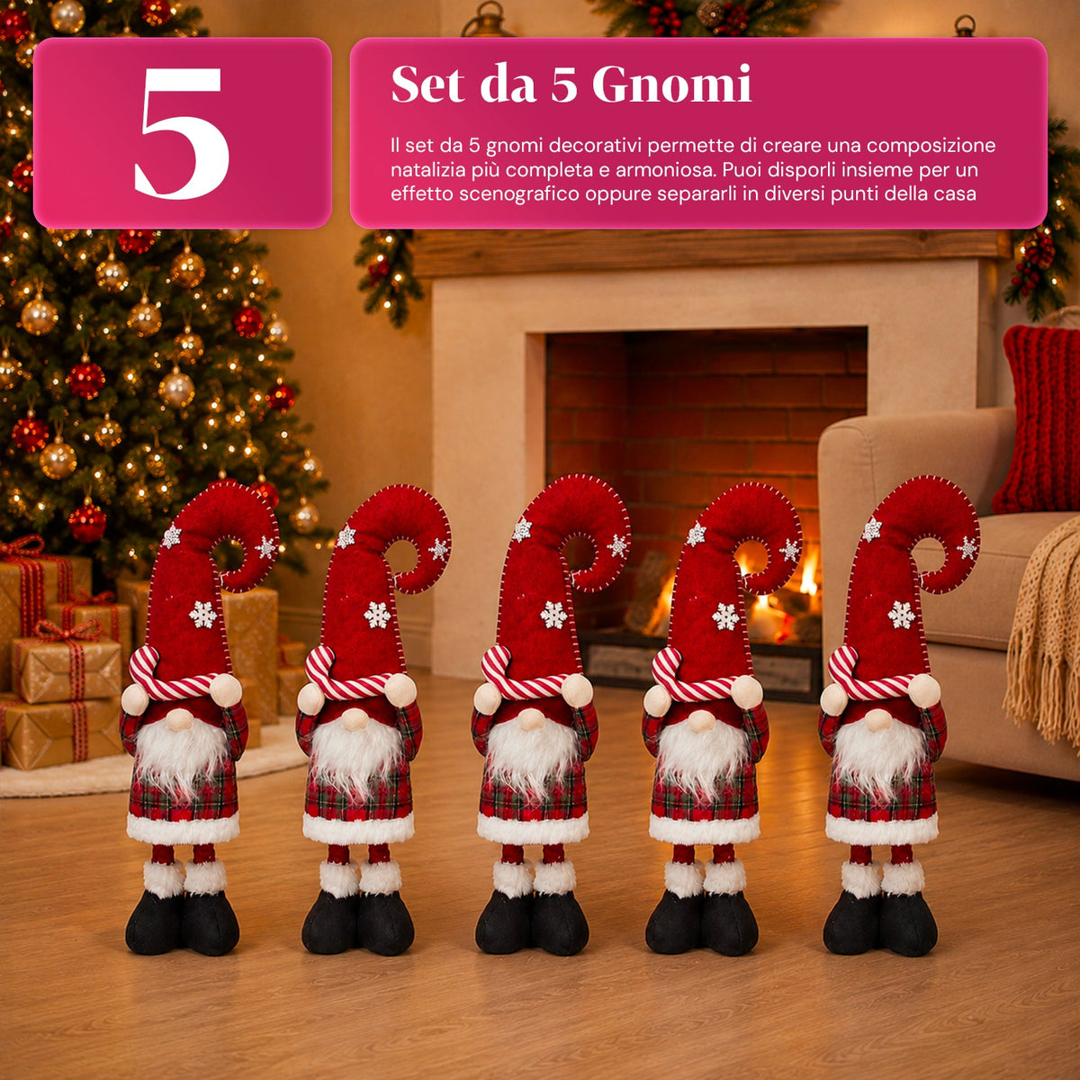 Gnomo natalizio estensibile 60-80 cm, soprammobile in tessuto tartan