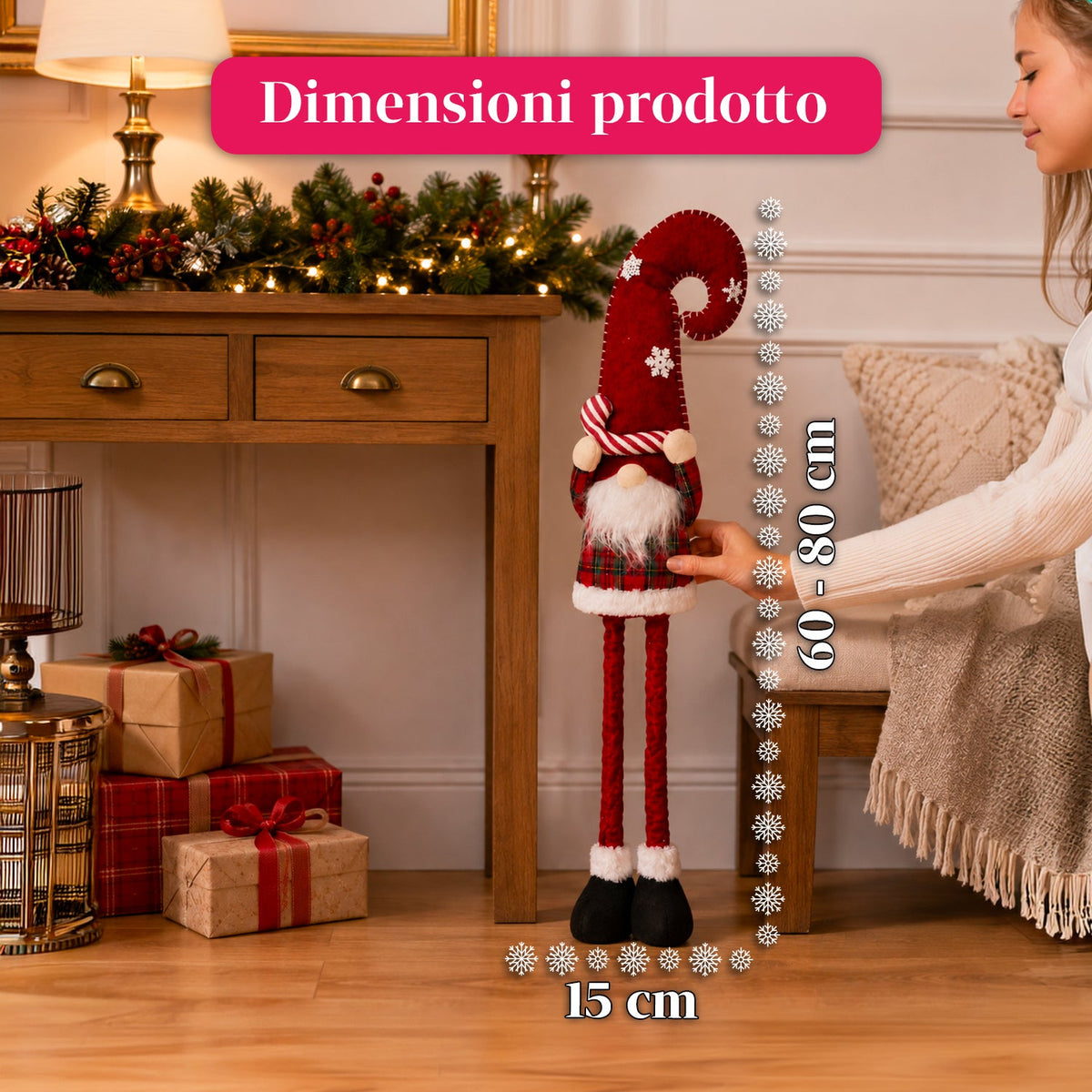 Gnomo natalizio estensibile 60-80 cm, soprammobile in tessuto tartan