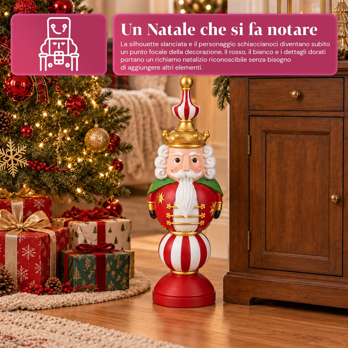 Statuetta Natalizia 76 cm in Resina, Decorazione Babbo Natale e Soldatino Schiaccianoci, Bianco o Rosso