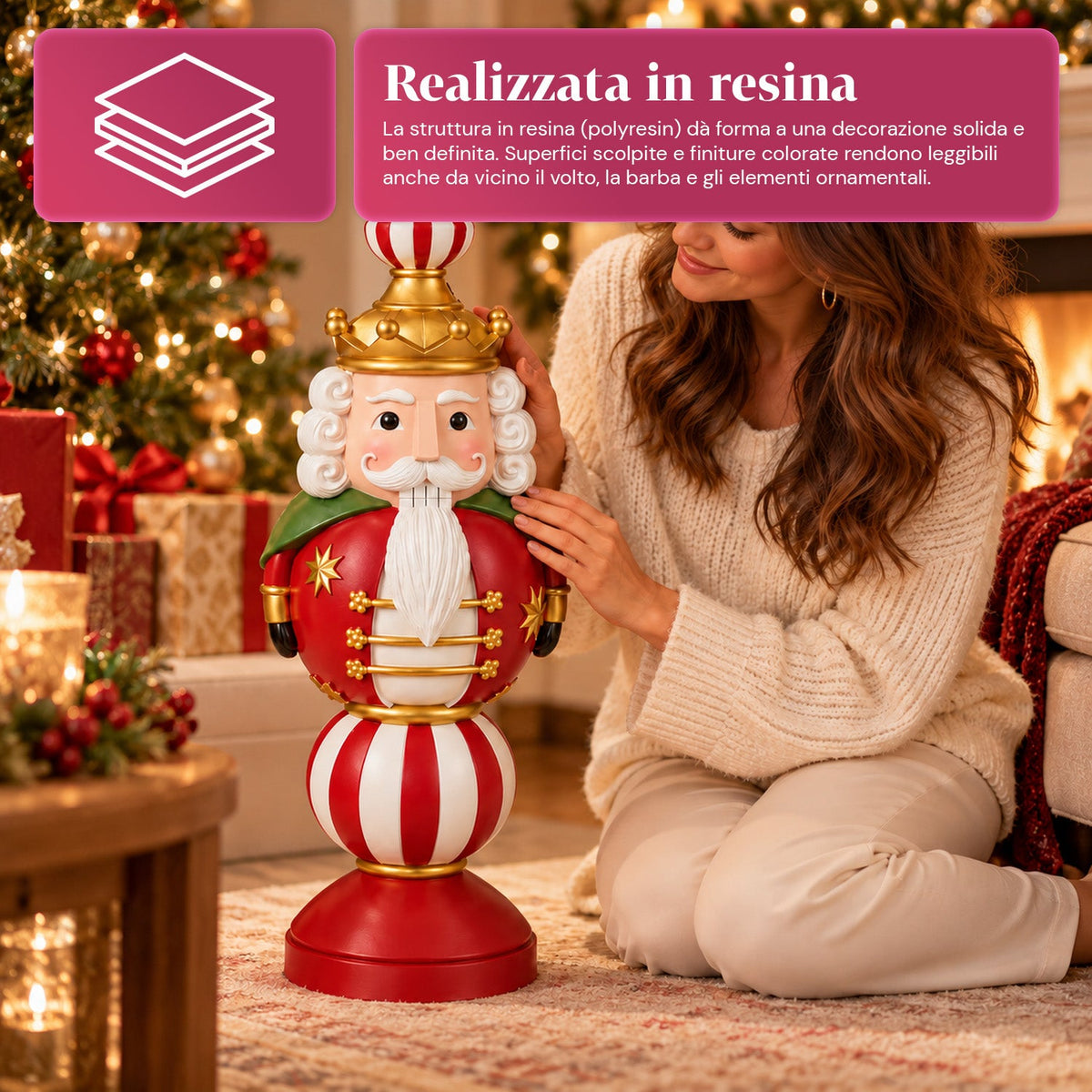 Statuetta Natalizia 76 cm in Resina, Decorazione Babbo Natale e Soldatino Schiaccianoci, Bianco o Rosso
