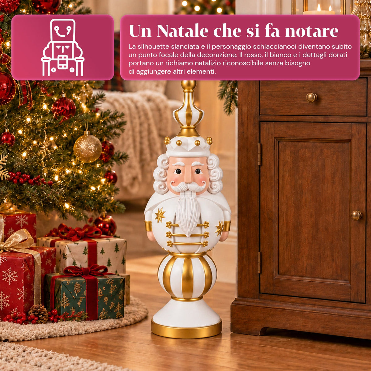 Statuetta Natalizia 76 cm in Resina, Decorazione Babbo Natale e Soldatino Schiaccianoci, Bianco o Rosso
