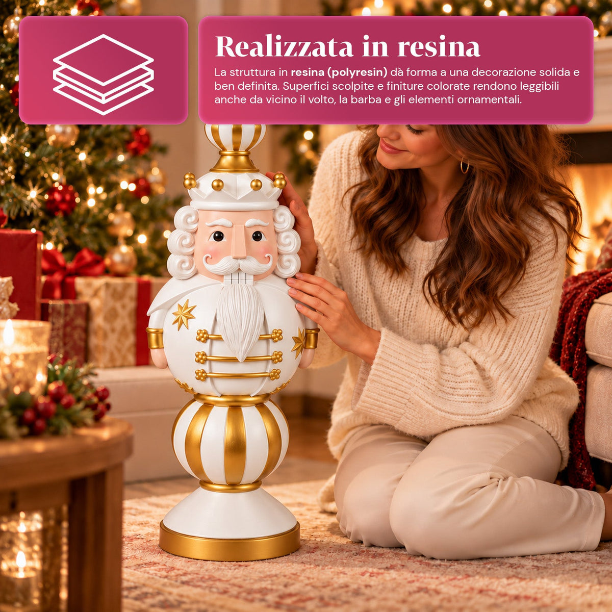 Statuetta Natalizia 76 cm in Resina, Decorazione Babbo Natale e Soldatino Schiaccianoci, Bianco o Rosso