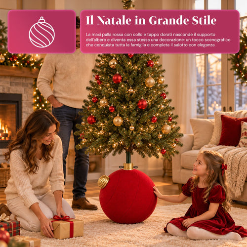 Base Albero di Natale a Palla Gigante Effetto Velluto 41x41x44 cm per Alberi fino a 180 cm - Copribase con Aggancio Ø 4 cm, Rosso Bordeaux Verde