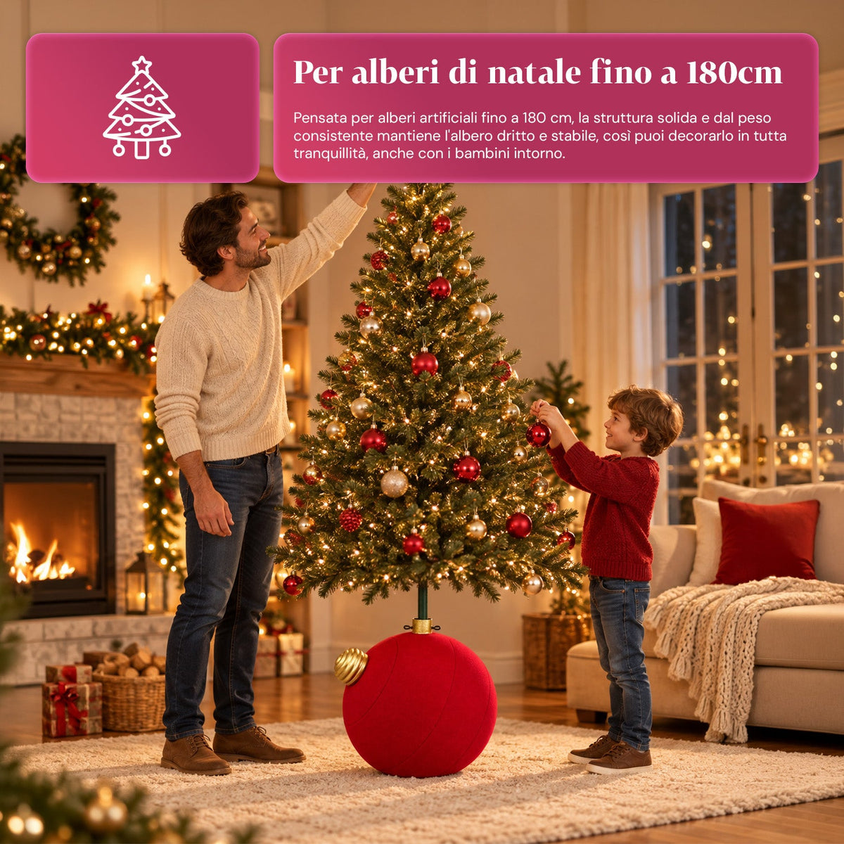 Base Albero di Natale a Palla Gigante Effetto Velluto 41x41x44 cm per Alberi fino a 180 cm - Copribase con Aggancio Ø 4 cm, Rosso Bordeaux Verde