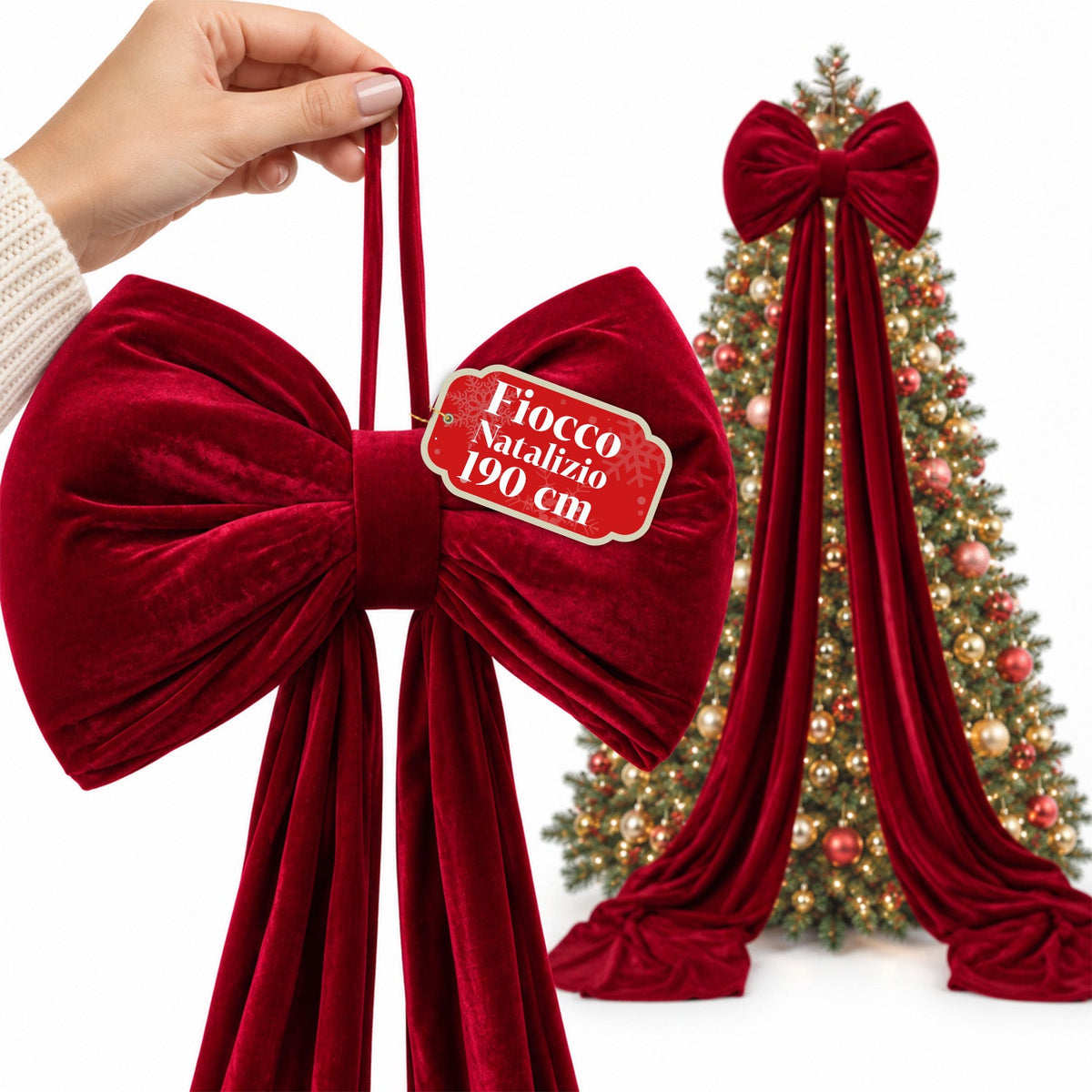 Large Red Velvet Bow 190 cm – Padded Ornament with Hook, Decoration for Door, Tree and Interiors