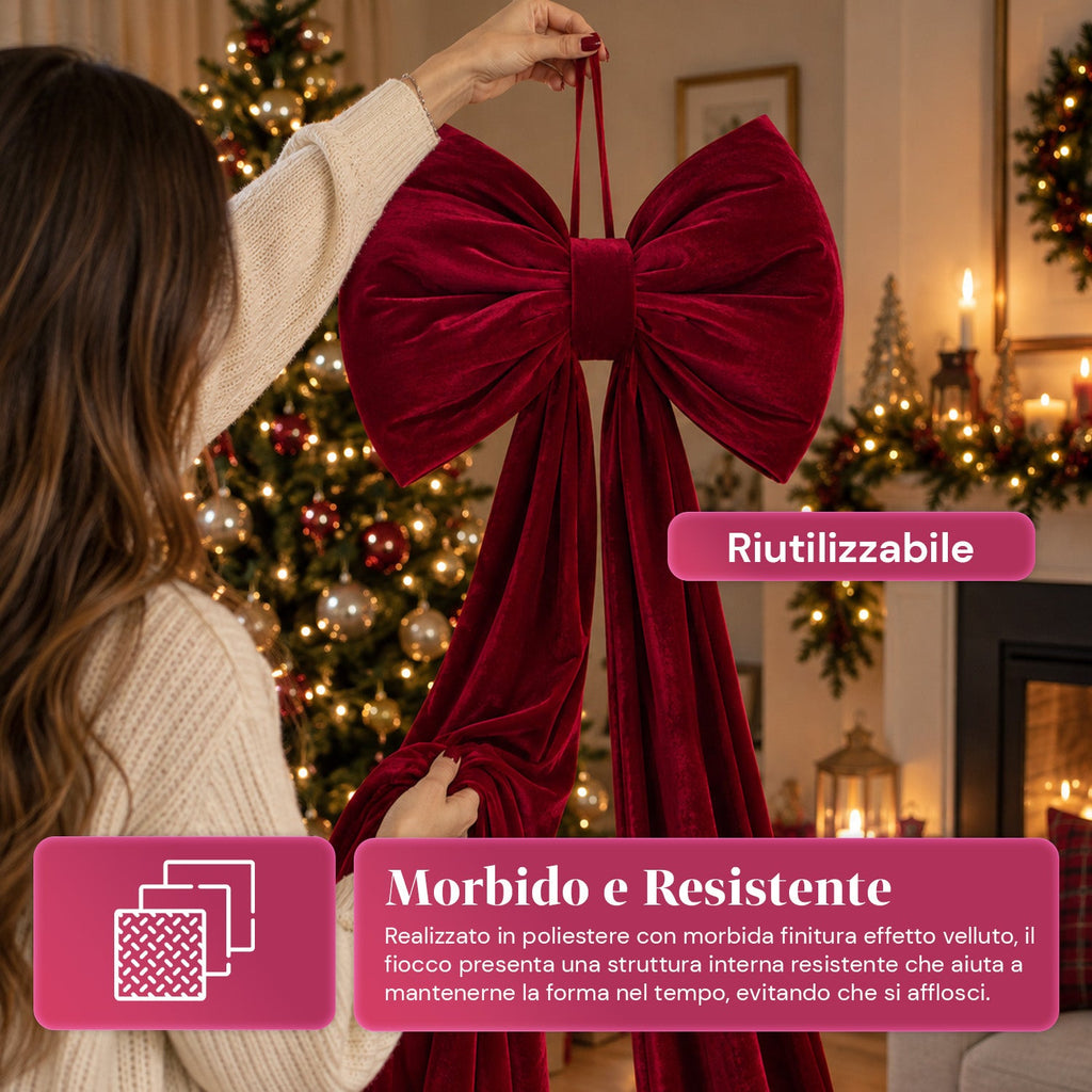 Large Red Velvet Bow 190 cm – Padded Ornament with Hook, Decoration for Door, Tree and Interiors