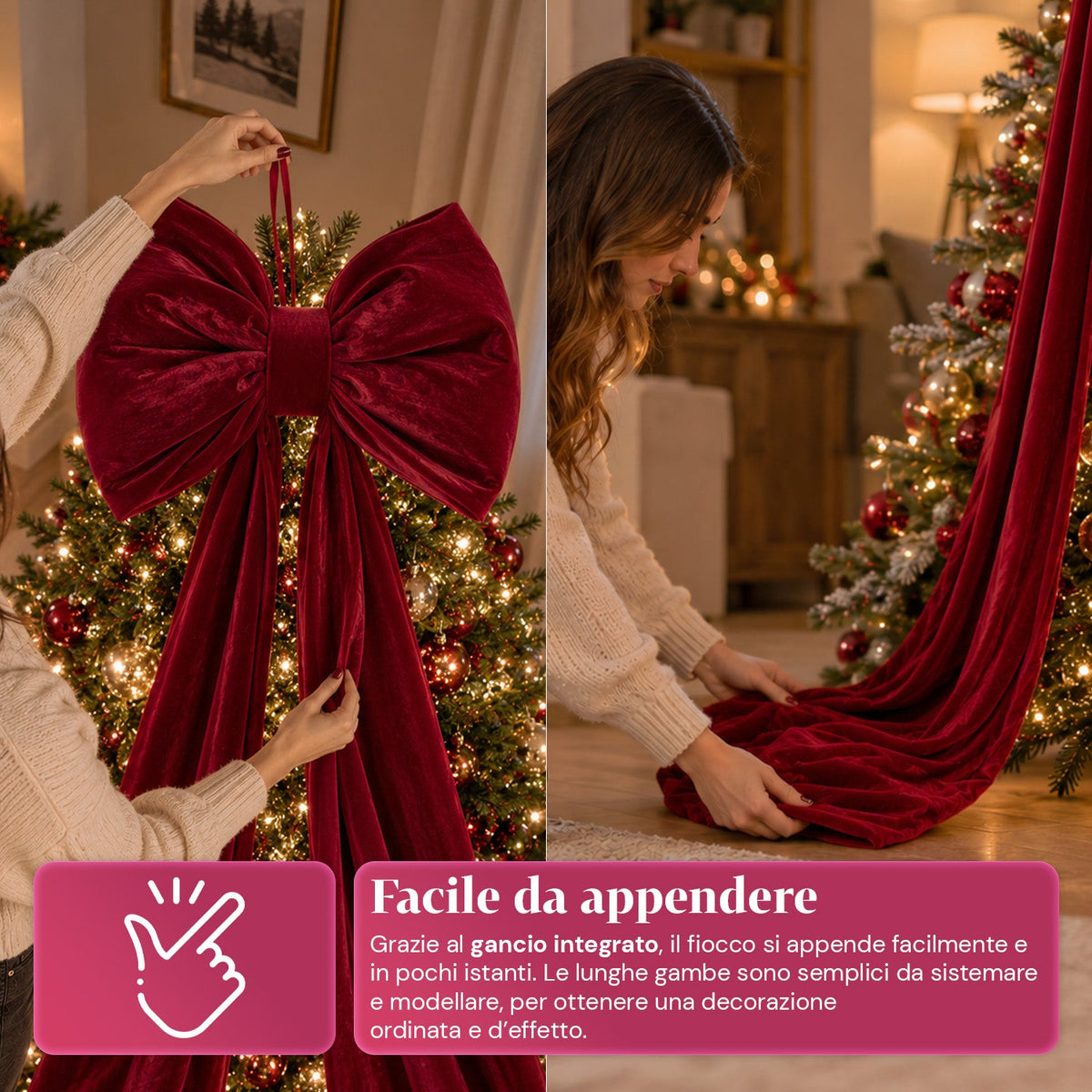 Large Red Velvet Bow 190 cm – Padded Ornament with Hook, Decoration for Door, Tree and Interiors