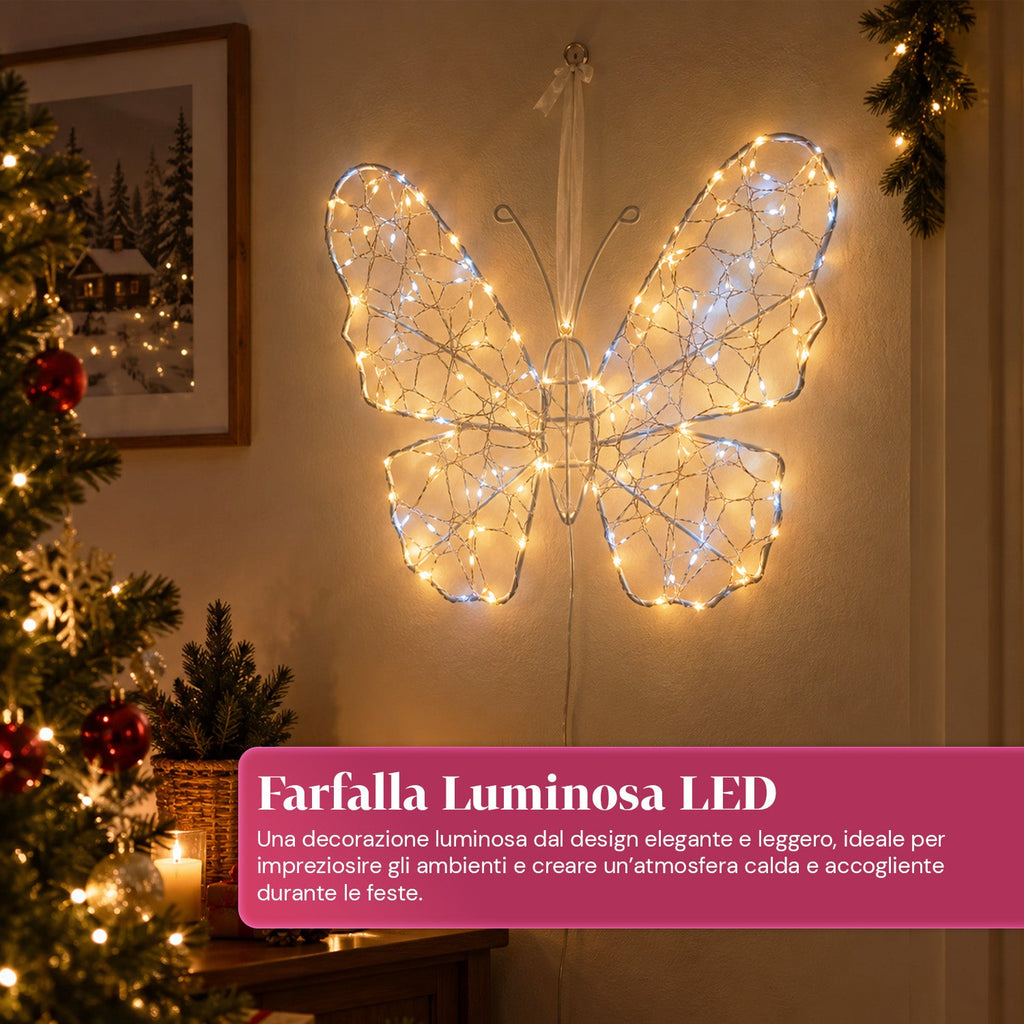 Farfalla Luminosa LED Bianca 50x40 cm – Lampada Decorativa in Ferro con Filo Dorato, Luci Bianche Calde e Fredde, Alimentazione USB e Gancio
