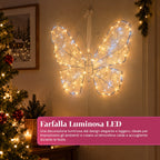 Farfalla Luminosa LED Bianca 50x40 cm – Lampada Decorativa in Ferro con Filo Dorato, Luci Bianche Calde e Fredde, Alimentazione USB e Gancio